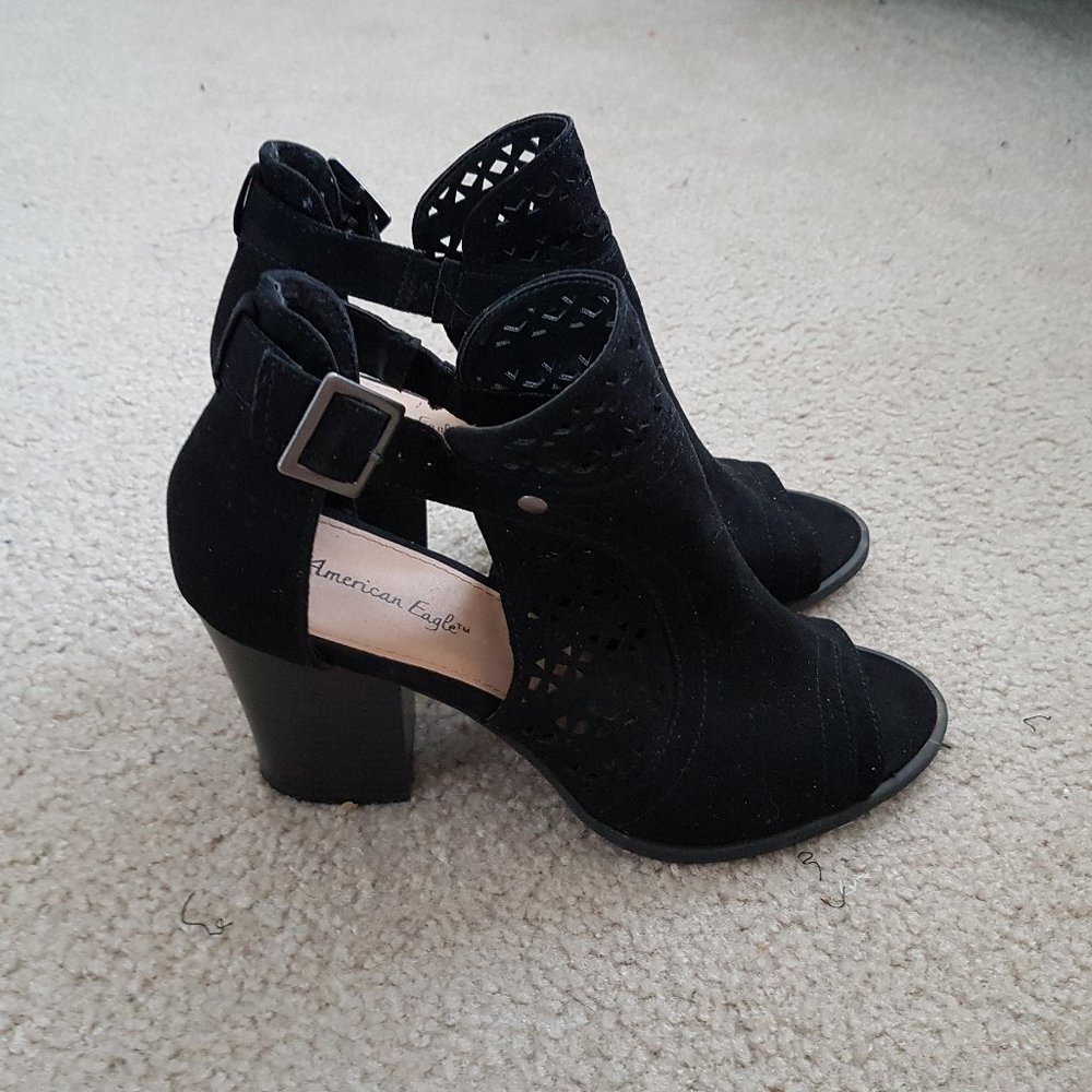 AE Black Suede Lasercut Geometry Heels NWOT